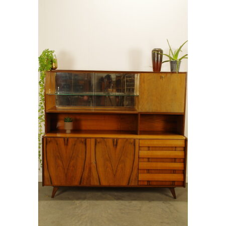 Vintage fineer design kast, Jiri Jiroutek U-460, Highboard, wandkast, vitrinekast