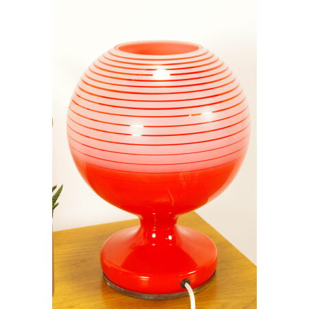 Vintage glazen bol lamp oranje rood strepen, tafellamp Stepan Tabera