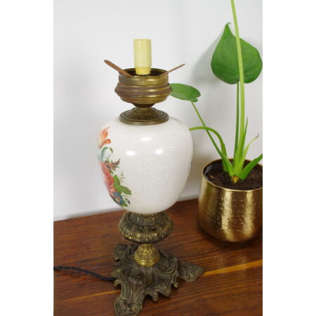 Vintage porseleinen lamp met bloemen en messing voet Rozen, tafellamp, schemerlamp