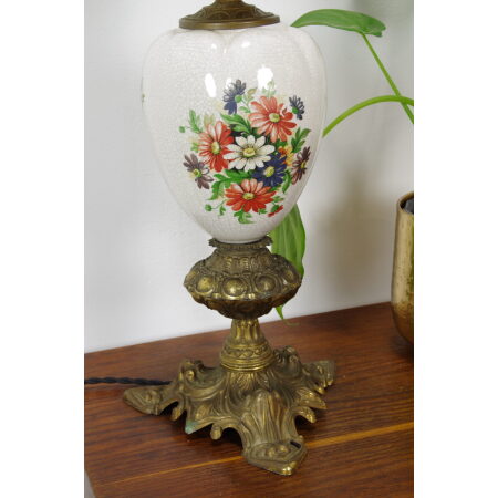 Vintage porseleinen lamp met bloemen en messing voet margriet, tafellamp, schemerlamp