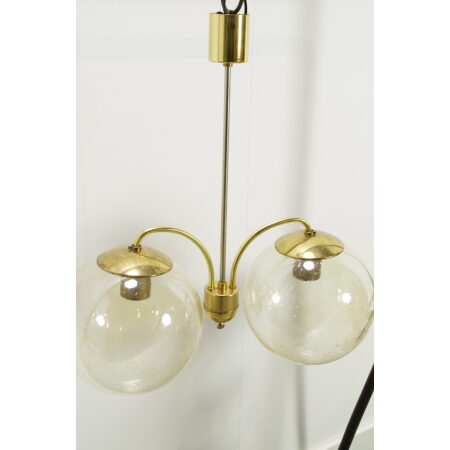 Vintage duo hanglamp met messing en glazen bollen, bollamp