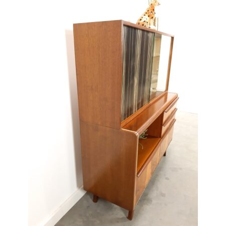 Vintage donker fineer design kast Jitona met lades en spiegelwand, wandkast, vitrinekast