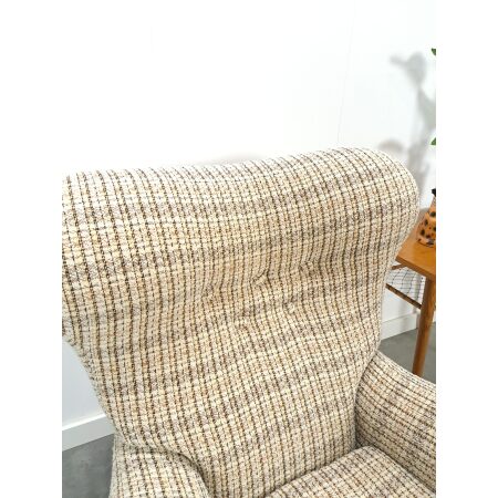 Vintage draai fauteuil, beige geblokt, draai stoel, relax fauteuil