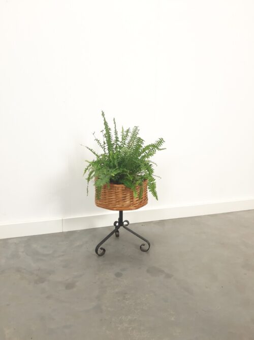 Vintage rotan ronde plantenrek met stalen poten