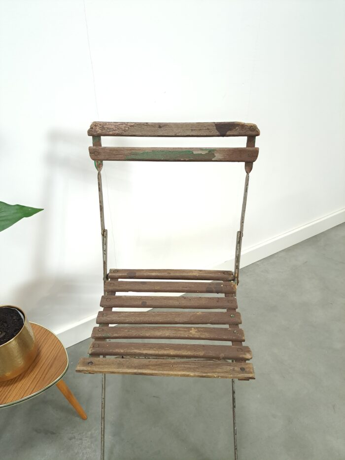 Vintage brocante set bistro stoelen inklapbaar, tuinstoelen hout