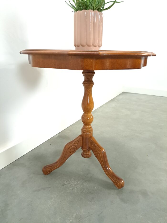 Vintage ronde houten bijzettafel met ingelegd fineer, tafel