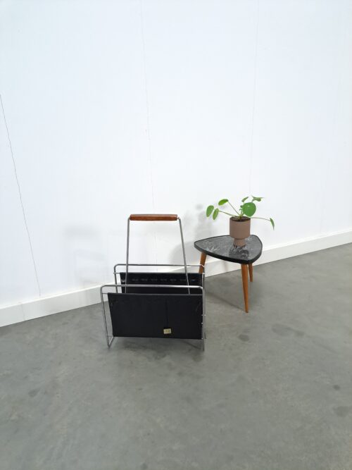 Vintage design Voss jaren 70 leren tijdschriftenrek met chroom, krantenhouder, lectuurmand