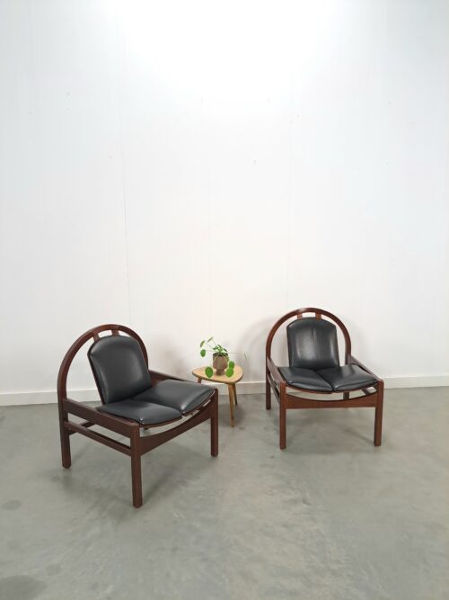 Vintage set zwart leren fauteuil Argos, Baumann France