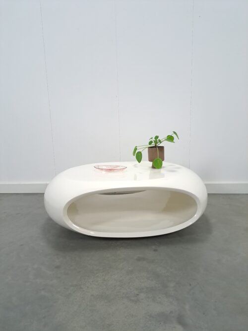 Vintage witte Space Age ovale ronde tafel met open vak, salontafel