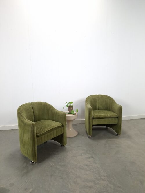 Vintage set groene cocktail stoelen met chromen wielen, fauteuils