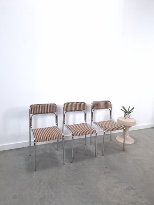 Vintage Space age set 3x Bauhaus chromen buisframe stoelen, eetkamerstoelen